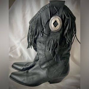 Black Leather Fringe Cowboy Boots Size 10